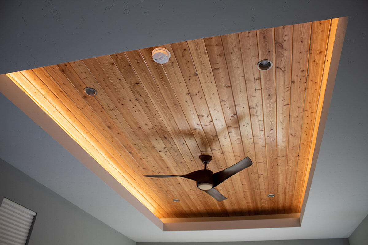 Wood ceiling with a modern fan